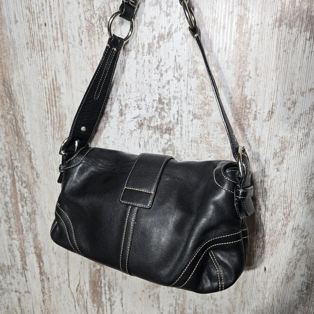 Vtg Y2k COACH #3653 Soho Flap Buckle Double Pocket W Black Leather Shoulder Bag - Picture 12 of 16